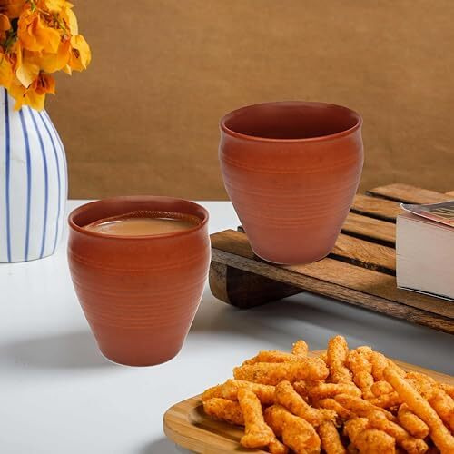 Pure Source India Clay Tea Kulhad Coffee Mugs - 4 Pieces, Brown, 200Ml