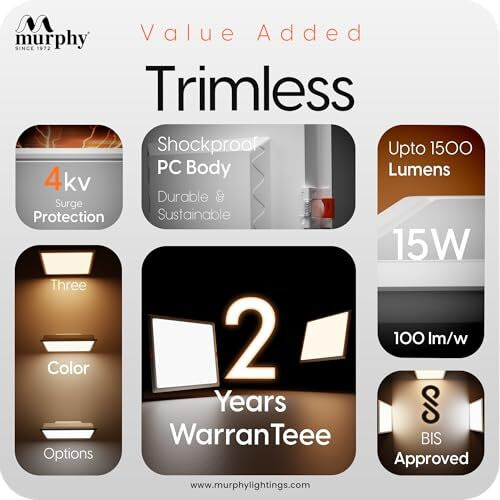 Murphy 15W Recessed Square Trimless Led Panel Light | 3-In-1 Colour Changing  Cool White/Neutral White/Warm White  Pack Of 2