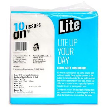 10On Lite Large Size Napkins,(33X33Cms) 2 Ply, Extra Soft Tissue Paper, 50 Pulls Per Pack, Pack Of 4 (50Pulls X 4  200 Pulls)