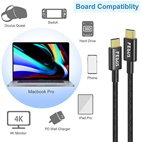 Fedus 9.8 Feet/3 Meter Type-C To Type C Fast Charging Cable Usb 3.0 20V/5A Fast Pd Charger 100W Output Usb C Braided Cord Compatible With Ssd Hard Drive, Macbook, I-Pad, Pixel, Galaxy, Type C Devices,