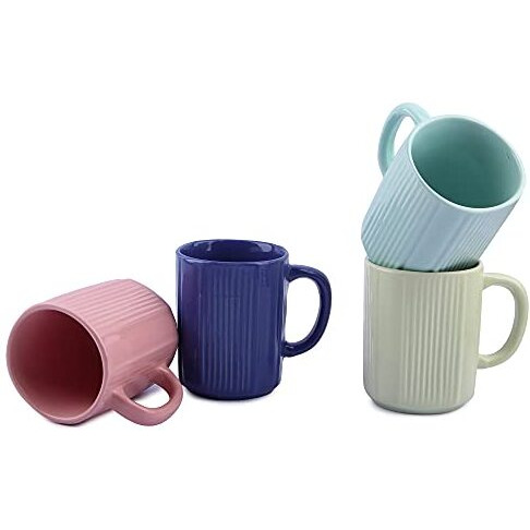 Anwaliya Ceramic Coffee Mug Set Of 4 (350Ml) Handcrafted Design Tea Cups Stackable, Chip Resistant, Large Serving Green Tea Cups, Arial (Color May Vary)