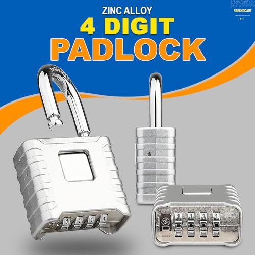 Freshdcart 4 Digit Zinc Padlock Heavy Duty Weatherproof Security Padlock For Indoor And Outdoor Use, Sheds, Gates, Lockers, Storage (Silver)