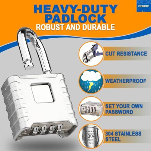 Freshdcart 4 Digit Zinc Padlock Heavy Duty Weatherproof Security Padlock For Indoor And Outdoor Use, Sheds, Gates, Lockers, Storage (Silver)