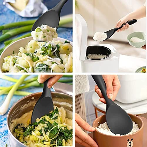 Ramkuwar Silicone Rice Spoon Non Stick Rice Scooper Heat Resistant Kitchen Gadge Rice Spoon Paddle Cooking Utensil Rice Spatula Rice Cooker Spoon For Rice Salads Mashed Potato Black