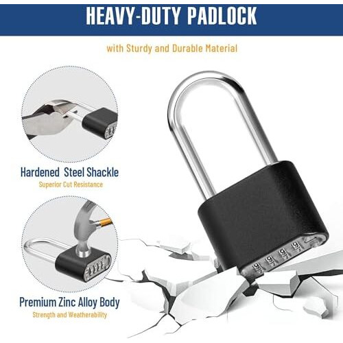 Store2508 Set-Your-Own Combination Padlock With Long Shackle, Solid Zinc Alloy, Black