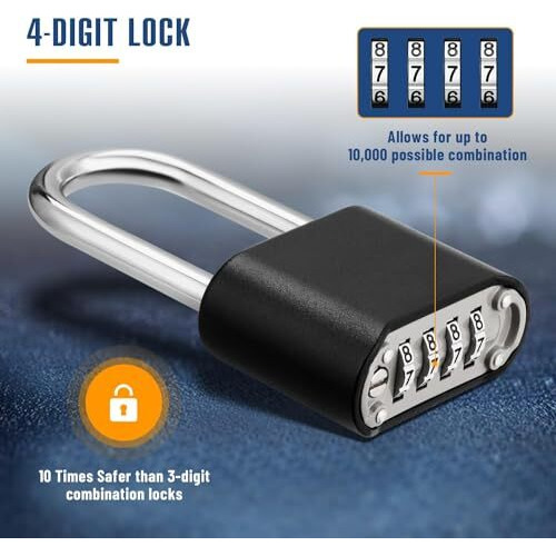 Store2508 Set-Your-Own Combination Padlock With Long Shackle, Solid Zinc Alloy, Black