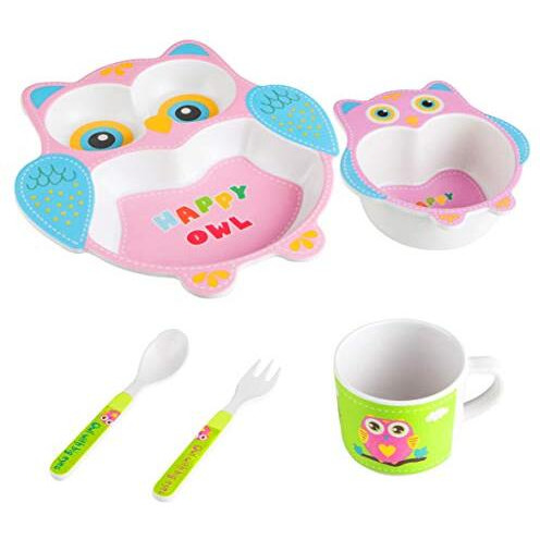 Earthism Eco-Friendly Bamboo Fibre Kids 5 Pc Dinner Set - Curious Owl, Pink