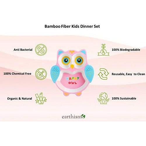 Earthism Eco-Friendly Bamboo Fibre Kids 5 Pc Dinner Set - Curious Owl, Pink