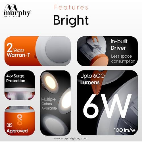 Murphy 6W Bright Led Downlight  Cool White, Slim Round Recessed Ceiling Light, 3-Inch Junction Box Compatible, Anti-Glare Diffuser, Energy Efficient (Pack Of 4, 2-Year Warranty)
