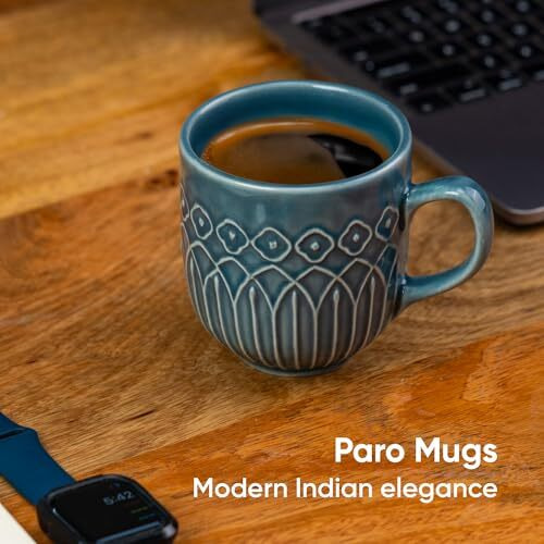 Shay Ceramic Coffee Mug Set, Set Of 6, 330Ml, Blue Grey Carving | Medium Mug | Glossy Finish | Porcelain Coffee Cup Set | Microwave Safe (Carving Milk Mug, Blue Grey, Set Of 6)