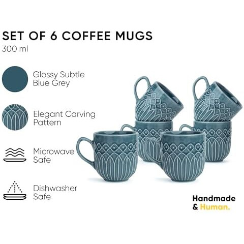 Shay Ceramic Coffee Mug Set, Set Of 6, 330Ml, Blue Grey Carving | Medium Mug | Glossy Finish | Porcelain Coffee Cup Set | Microwave Safe (Carving Milk Mug, Blue Grey, Set Of 6)