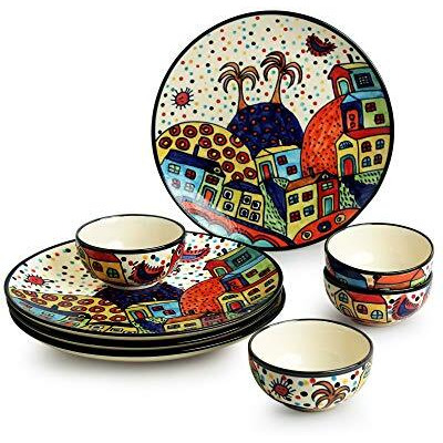 Exclusivelane 'Hut Dining' Handpainted Ceramic Dinner Set Ceramic Plates For Dinner Plates With Ceramic Bowls Katoris (8 Pieces, Serving For 4, Dishwasher & Microwave Safe) - Dinnerware Sets,Floral