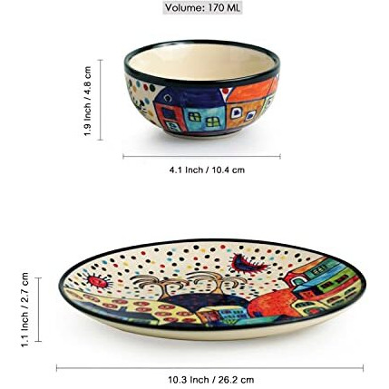 Exclusivelane 'Hut Dining' Handpainted Ceramic Dinner Set Ceramic Plates For Dinner Plates With Ceramic Bowls Katoris (8 Pieces, Serving For 4, Dishwasher & Microwave Safe) - Dinnerware Sets,Floral