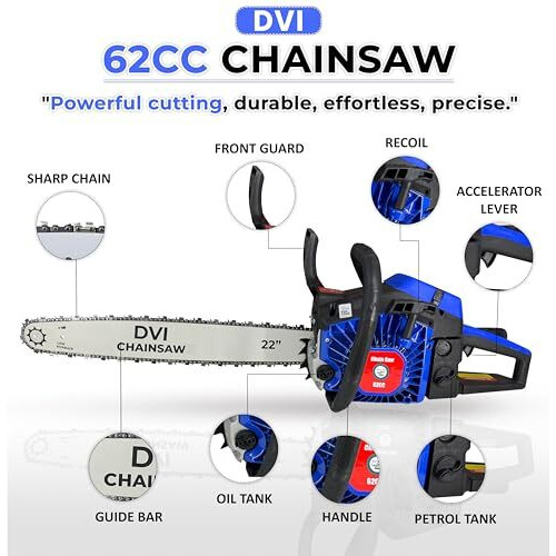 Dvi Heavy Duty 62Cc Petrol Powered Master Chainsaw With Air Cooled Gasoline Engine With 22&quotInch Blade/Bar Used For Cutting Trees, Wood Cutting, Garden, Agriculture & Landscapes (Dvi 62Cc Chainsaw)
