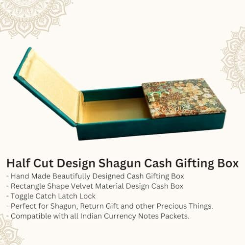 Vanya Creations Decorative Shagun Cash Gift Box For Money Gaddi, Gifting Sagan Wedding Occasion, Jewellery | Sea Green Color, Set Of 1, Half Cut Design Rectangle Shape