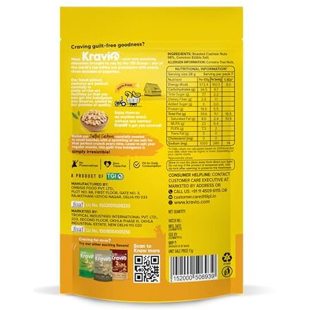 Kravio Premium Roasted Salted Cashew Nuts (2 X 200G) | Zero Cholesterol Natural Jumbo Size Whole Kaju Nuts & Dry Fruits | Rich In Protein, Roasted Crunchy Delicious Healthy Snacks