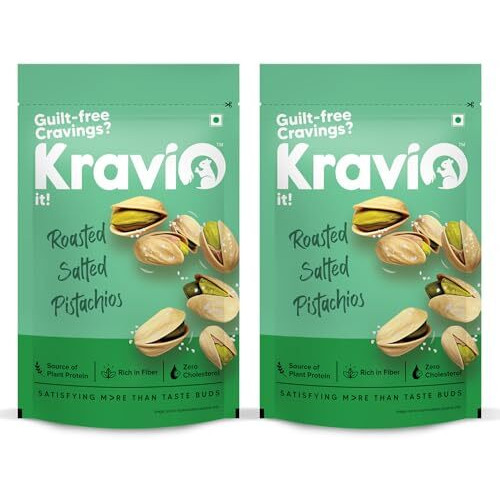 Kravio Premium Roasted Salted Pistachios (2 X 200G) | Zero Cholesterol Natural Inshell California Pista Nuts & Dry Fruits | Rich In Protein, Roasted Crunchy Delicious Healthy Snacks