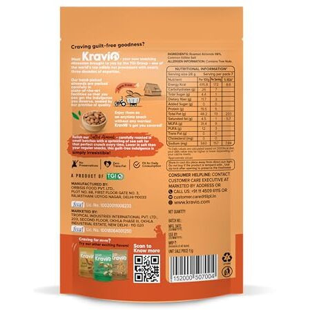 Kravio Premium Roasted Salted Almonds (2 X 200G) | Zero Cholesterol Natural Whole California Badam Nuts & Dry Fruits | Rich In Protein, Roasted Crunchy Delicious Healthy Snacks
