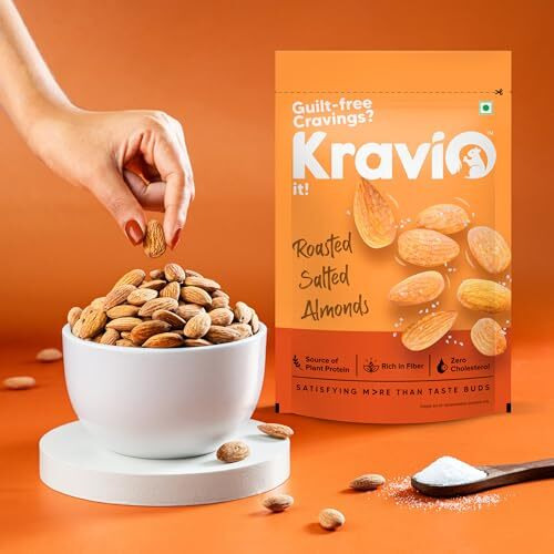 Kravio Premium Roasted Salted Almonds (2 X 200G) | Zero Cholesterol Natural Whole California Badam Nuts & Dry Fruits | Rich In Protein, Roasted Crunchy Delicious Healthy Snacks