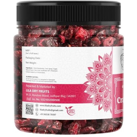 Lila Dry Fruits Dried Cranberries 500 Gms | Naturally Sweetened Premium Californian Cranberry, Antioxidants Rich Delicious Tasty And Chewy Snack | Ideal For Snacking, Baking | Perfect For Giftings