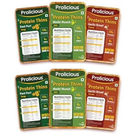 Prolicious High Protein & High Fiber Thins Combo|Good For Pcos & Weightloss|3 Flavours|No Palm Oil|Pack Of 6, 50 Gram Each,Garlic Bread, Methi Munch, Pani Puri