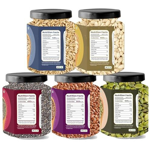Lila Dry Fruits Roasted Seeds Combo 500 Grams | Chia, Flax, Pumpkin, Sunflower & Watermelon Beej - 100 Gms Each | 100% Natural Healthy Seed For Eating | Seeds Mix High In Fiber | Perfect For Gifting