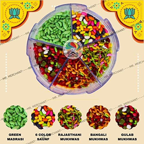 Mr. Merchant Mukhwas Mouth Freshener 5 In 1,(300 G) Green Madrasi Saunf Mukhwas, Rajasthani Mukhwas, Gulab Mukhwas, Bangali Mukhwas And Colorful Sauf|Premium (Pack Of 1), Mint