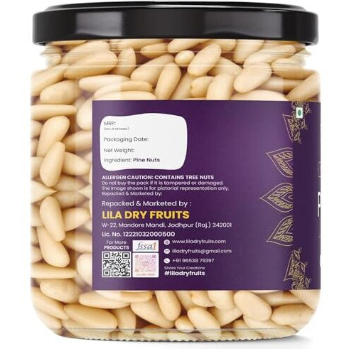 Lila Dry Fruits Premium Pine Nuts 200 G (100G X 2) | Whole Chilgoza Naturally Fresh, Crunchy & Aromatic | Big Size Neza Nuts Ideal For Cooking, Snacking | Pinenut Without Shell Perfect For Gifting