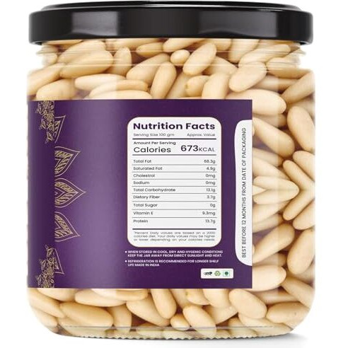Lila Dry Fruits Premium Pine Nuts 200 G (100G X 2) | Whole Chilgoza Naturally Fresh, Crunchy & Aromatic | Big Size Neza Nuts Ideal For Cooking, Snacking | Pinenut Without Shell Perfect For Gifting
