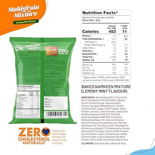 Fit & Flex Baked Multigrain Lemony Mint, Tangy Tomato & Cheesy Cheese Namkeen Mixture, Healthy Snacks With Zero Cholesterol, Tasty Party Snacks - As Seen On Shark Tank India - 100 G (Pack Of 6)