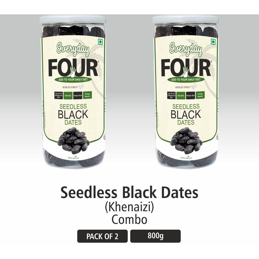 Everyday Four Seedless Black Dates | All Natural Fresh Khajur With No Added Sugar | Healthy & Nutrition Free 800G Dry Fruits | Black Khajoor Rich In Protein & Vitamin Vegan Finest Dates