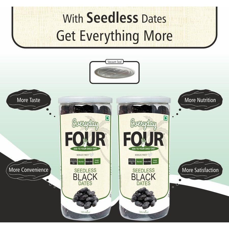 Everyday Four Seedless Black Dates | All Natural Fresh Khajur With No Added Sugar | Healthy & Nutrition Free 800G Dry Fruits | Black Khajoor Rich In Protein & Vitamin Vegan Finest Dates