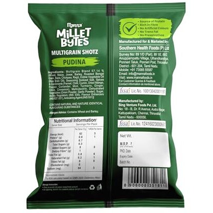 Manna Millet Bytes Multigrain Shotz, Baked No Maida Puff Snack,Pudina 140G