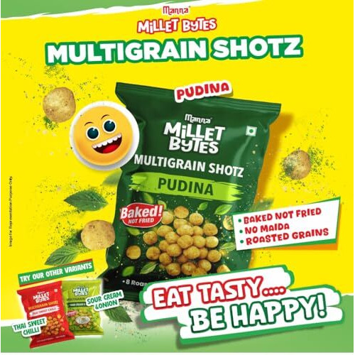 Manna Millet Bytes Multigrain Shotz, Baked No Maida Puff Snack,Pudina 140G