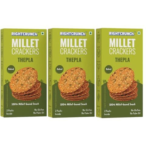 Rightcrunch Millet Crackers Gluten Free & Baked With High Protein & Fibre. Pack Of 3 Thepla Flavour - Healthy Crackers, Healthy Chai Time Snacks, 300G.