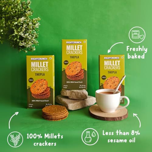 Rightcrunch Millet Crackers Gluten Free & Baked With High Protein & Fibre. Pack Of 3 Thepla Flavour - Healthy Crackers, Healthy Chai Time Snacks, 300G.