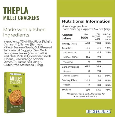 Rightcrunch Millet Crackers Gluten Free & Baked With High Protein & Fibre. Pack Of 3 Thepla Flavour - Healthy Crackers, Healthy Chai Time Snacks, 300G.