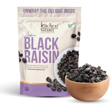 Kitchensmith Afghani Seedless Black Raisin 500 Gm | Draksh, Kaali Dakh, Kali Kishmish Raisins | Naturally Sourced, Dried & Sweet Dry Fruits (Air Tight Pouch)