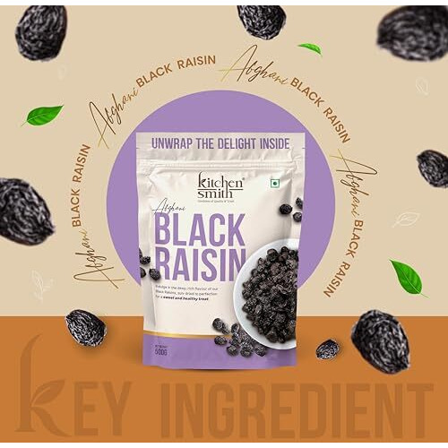 Kitchensmith Afghani Seedless Black Raisin 500 Gm | Draksh, Kaali Dakh, Kali Kishmish Raisins | Naturally Sourced, Dried & Sweet Dry Fruits (Air Tight Pouch)