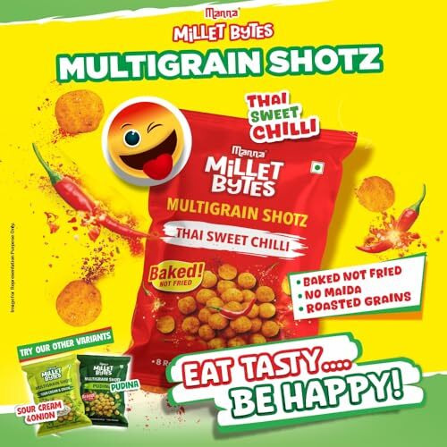Manna Millet Bytes Multigrain Shotz | Baked No Maida Puff Snack | Thai Sweet Chilli 140G