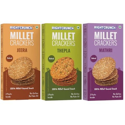 Rightcrunch Millet Crackers Gluten Free & Baked With High Protein & Fibre. Pack Of 3 Flavours- Mathri, Thepla & Jeera Healthy Crackers. Healthy Chai Time Snacks, 300G.