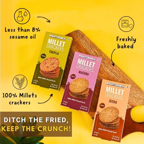 Rightcrunch Millet Crackers Gluten Free & Baked With High Protein & Fibre. Pack Of 3 Flavours- Mathri, Thepla & Jeera Healthy Crackers. Healthy Chai Time Snacks, 300G.