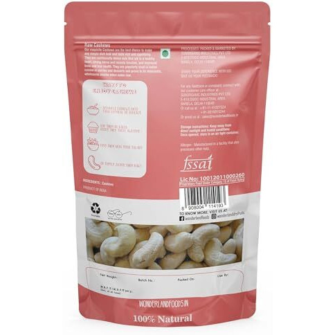 Wonderland Foods 500G Whole Raw Cashew (Kaju) W320-Grade Pouch