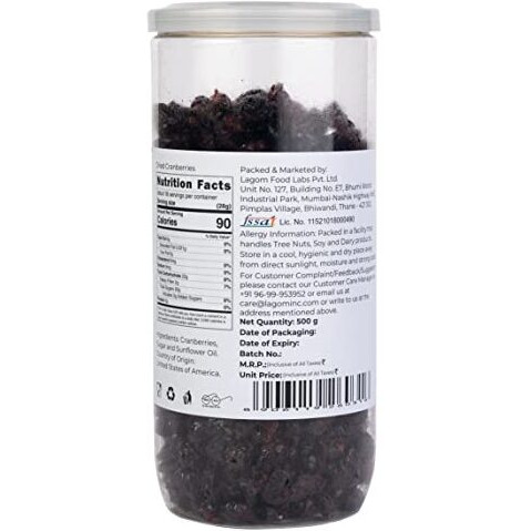 Lagom Gourmet Dried Cranberries 500G | Gluten Free | Vegan | Plant Based | Non Gmo | Cranberry Dry Fruit