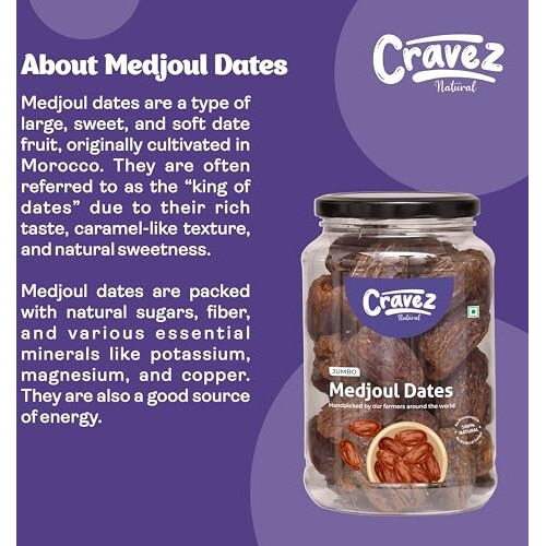 Cravez Premium Medjool Dates (Medjoul) 400 Gram|Jumbo,Juicy,And Naturally Sweet|Healthy Snack & Energy Boost|High Fiber|Energy Boost With No Preservatives|King Of Dates|Diwali Gift Box,Fresh