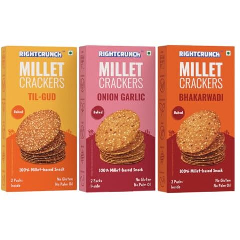 Rightcrunch Millet Crackers Gluten Free & Baked With High Protein & Fibre. Pack Of 3 Flavours - Bhakarwadi, Onion Garlic & Til-Gud Healthy Crackers. Healthy Chai Time Snacks, 300G.