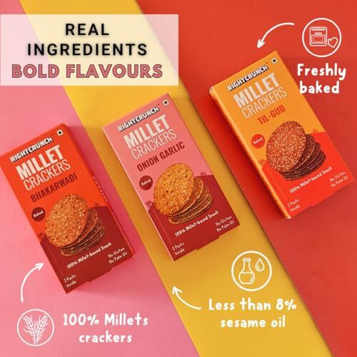 Rightcrunch Millet Crackers Gluten Free & Baked With High Protein & Fibre. Pack Of 3 Flavours - Bhakarwadi, Onion Garlic & Til-Gud Healthy Crackers. Healthy Chai Time Snacks, 300G.