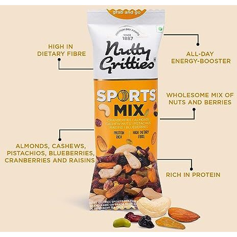 Nutty Gritties Grab And Go Sports Mix | 240G (Each Pouch 40G, Pack Of 6) - Roasted Almonds, Cashews, Pistachios, Dried Blueberries, Cranberries And Raisins