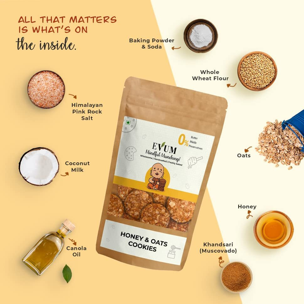 Evum Handmade Honey & Oat Cookies (140Gm) | Healthy & Tasty Guilt Free Snacks | Freshly Baked Delicious Oats & Wholewheat Cookies/Biscuits | No Maida | No Butter | No Refined Sugar | No Preservatives