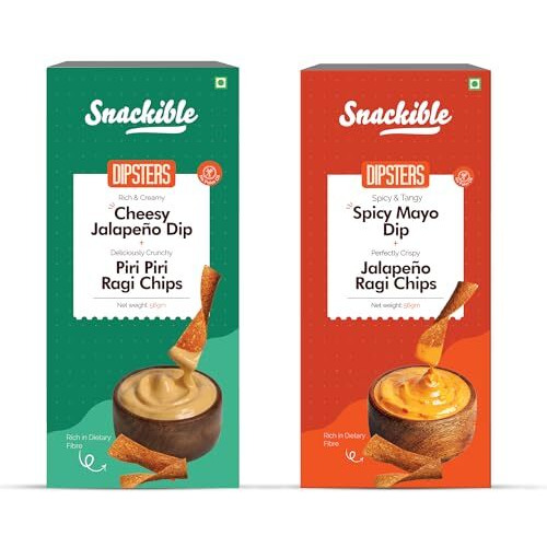 Snackible Dipsters Chips & Dip - Assorted | Pack Of 2 Flavours | Cheesy Jalapeno Dip, Spicy Mayo Dip | No Palm Oil | No Refined Sugar | Made With Whole Grains | Rich & Creamy Dips With Chips | Mixed Flavours | Healthy Chips And Biscuit Sticks